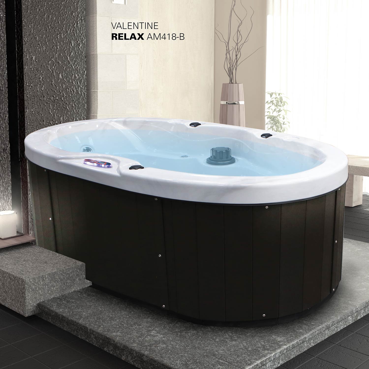 American Spas Am 418b W 2 Person 18 Jet Valentine Spa Hot Tub With Bluetooth Stereo System Subwoofer And Backlit Led Waterfall Handrail